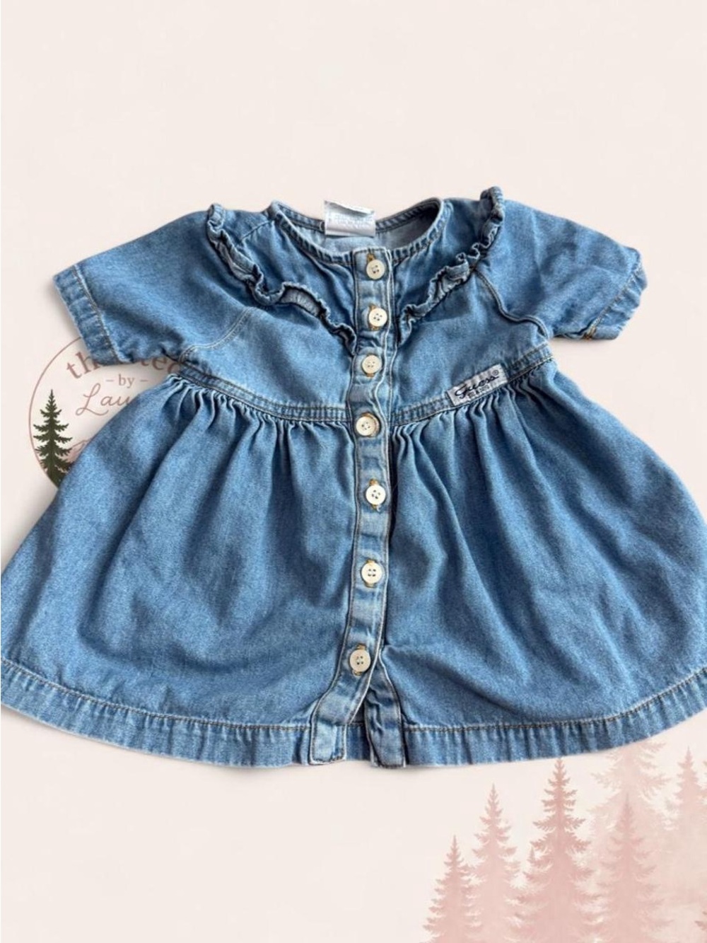 Vintage GUESS Baby Denim Dress 12 Months Made in USA Ruffle Button Front